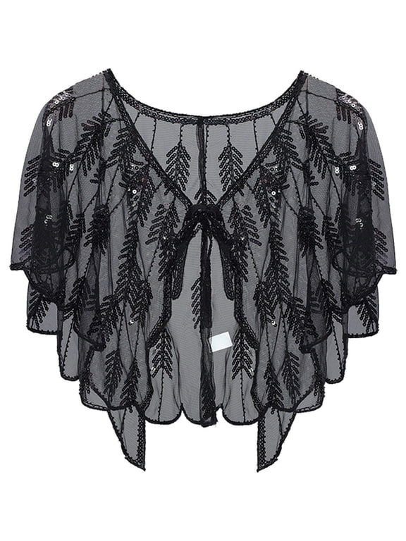 Black Retro 1920s Beaded Sequin Shawl Vintage Cape Shrugs & Boleros for Party 1pc