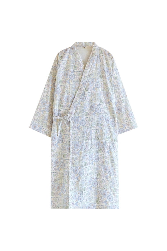 Blue Cotton Women's Yukata Bathrobe for Sleepwear Spa L Size