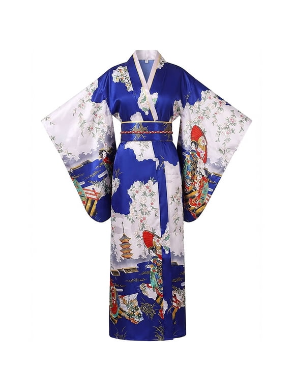 Blue Floral Print Women's Yukata Bathrobe with Removable Obi for Daily Wear