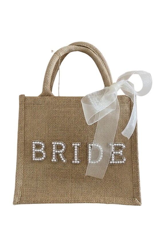 Bridal Linen Tote Bag with Pearl Embellishment, Wedding Beach Honeymoon Handbag, 11.81*11.81*3.94inch