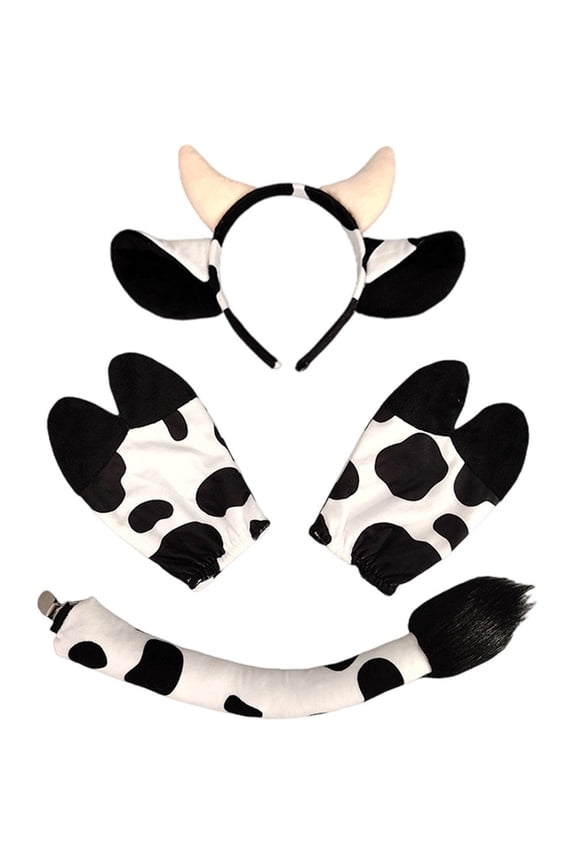 Cow Pattern Plush Hair Accessory Headband Set with Matching Decorative Gloves & Tail, Soft Flannel Hair Styling Accessory, 10.63x7.09in Headband