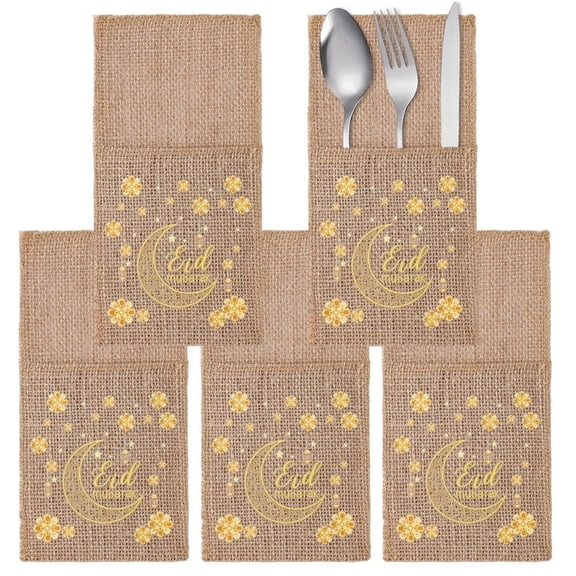Yvsxxv EID Mubarak Decoration Burlap Cutlery Bag Ramadan Utensil Holder Pouch Fork Napkin Silverware Holder Bag for Islamic Muslim Party Tableware Decorations