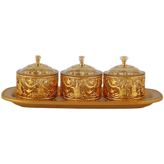 Yvsxxv Golden Tray Set with 3 Date Boxes Eid Ramadan Serving Tray with Decorative Storage Containers for Dates, Nuts, Sweets, Islamic Gift Set for Iftar Party
