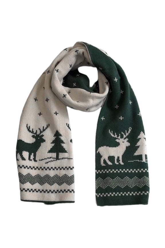 Green Deer Elk Double-sided Knitted Scarf, Christmas Winter Wear, 1 Pc
