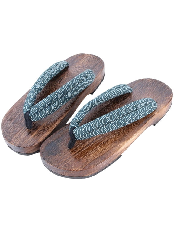 Japanese Wooden Geta Sandals, Blue Fabric Strap Clogs, Size 44