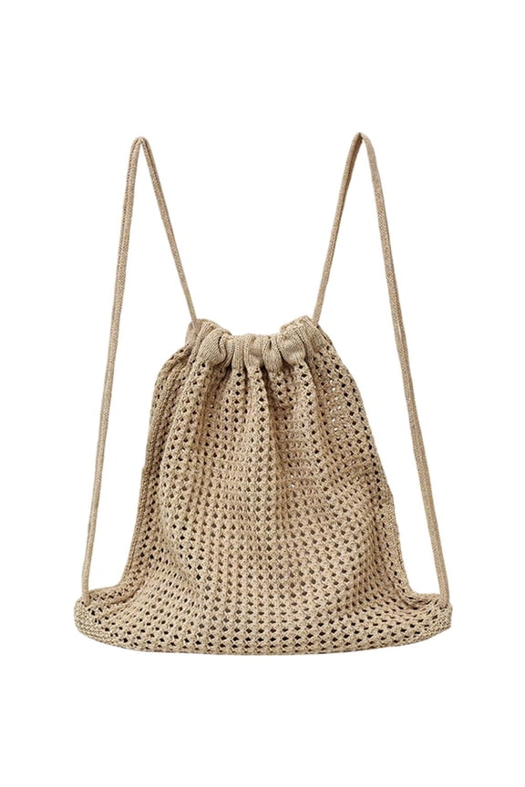 Khaki Woven Crochet Drawstring Backpack, Women Boho Travel Commuting Backpack, 1 Pc
