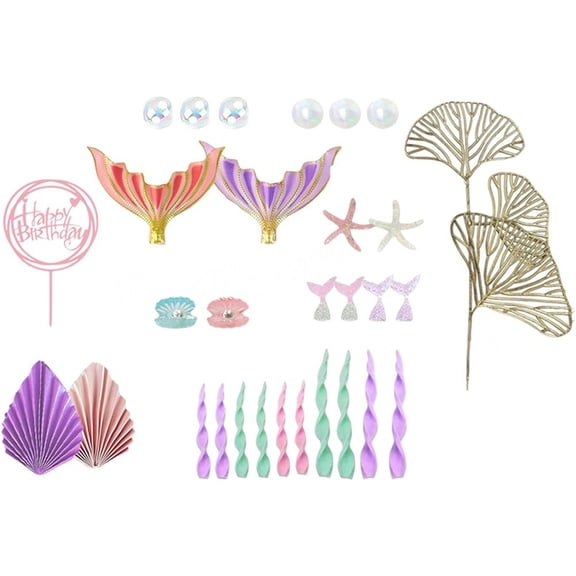 Yvsxxv Mermaid Cake Topper, Mermaid Theme Party Decorations, Big Mermaid Tails Seaweed Bubbles Shells And Golden Ginkgo Leaves Set