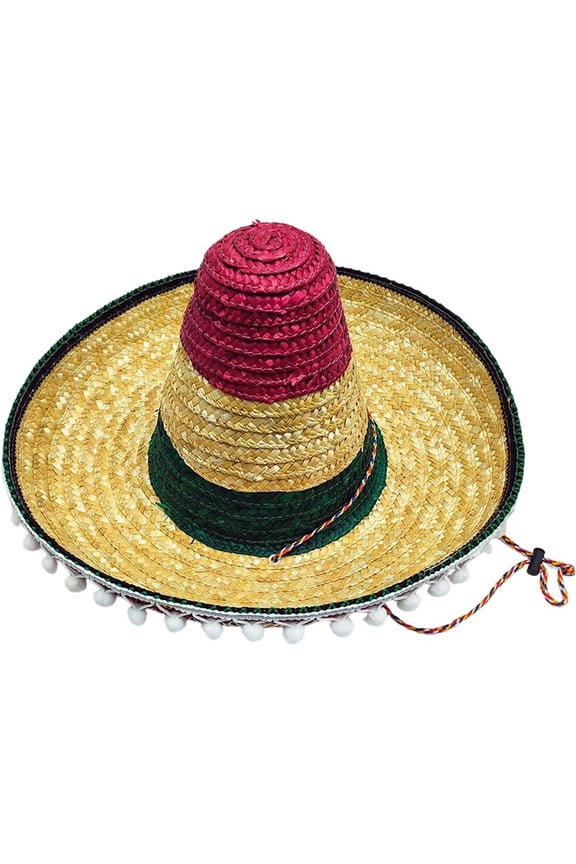 Mexican Style Wide Brim Straw Hat, Fiesta Themed Decorative Sun Hat with Ball Fringe, 19.29inch Brim