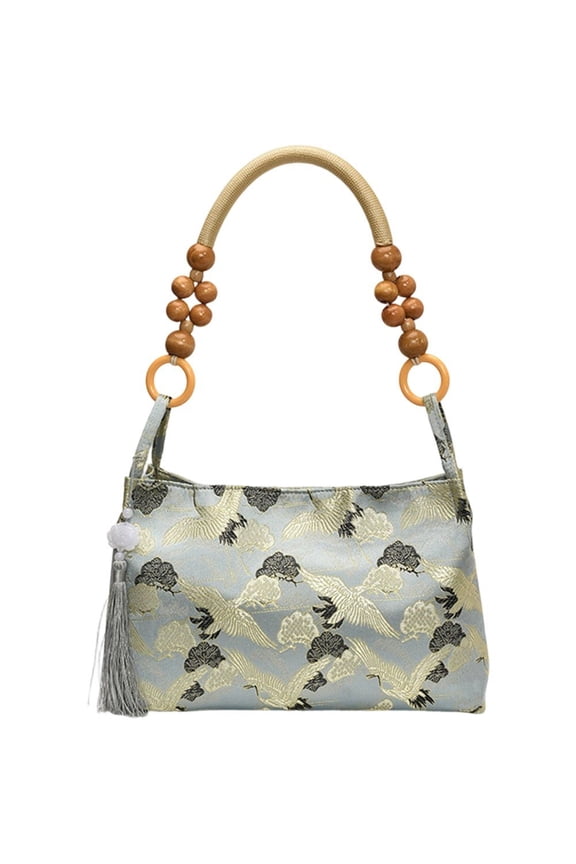 Oriental Crane Embroidered Pillow Handbag, Polyester Hobo Tote Bag for Women, 11.42*7.09*3.54inch