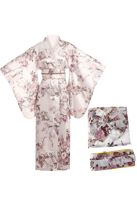 Pink Floral Print Women's Yukata Bathrobe with Removable Obi for Daily Wear