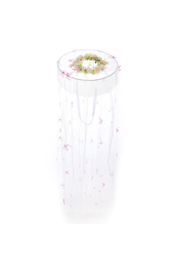 Pink Polyester Chinese Veil Butterfly Floral Decor Hat for Adult Daily Sun Protection Photography