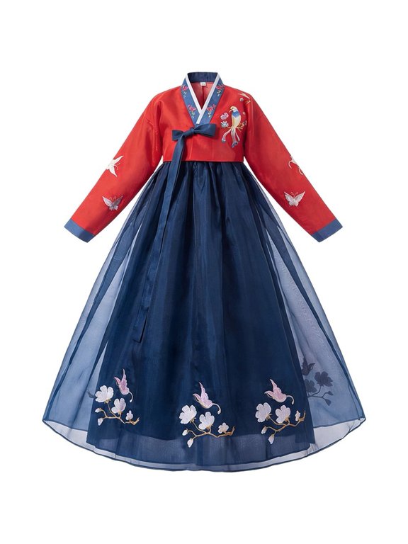 Red Top Navy Skirt Floral Embroidery Korean Traditional Hanbok Dress Size M
