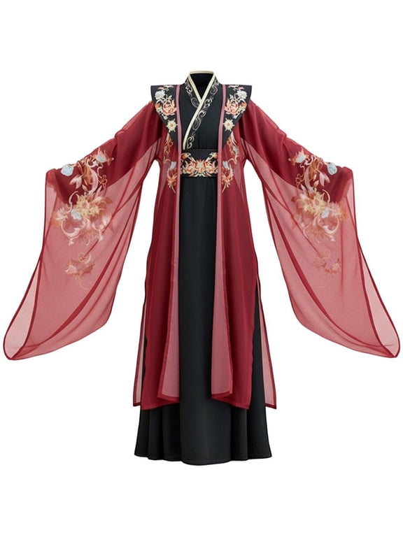 Red Traditional Chinese Hanfu Long Sleeve Dress for Women Size 2XL