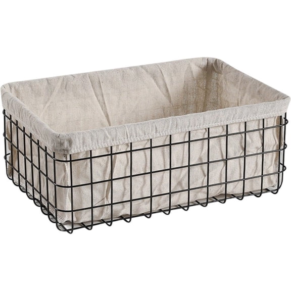 Yvsxxv Retro Iron Storage Basket with Linen Liner Large Black Wire Basket for Face Masks Cosmetics Desk Organization Living Room Coffee Table Decor