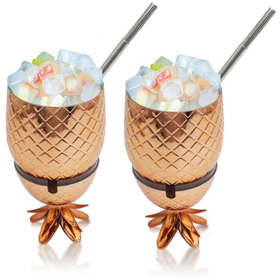 Yvsxxv Rose Gold Pineapple Shape Stainless Steel Cocktail Cup With Straw 2Pcs