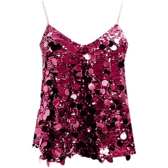 Yvsxxv Rose Red Fish Scale Sequin Tank Top V Neck Cami Vest 1Pc