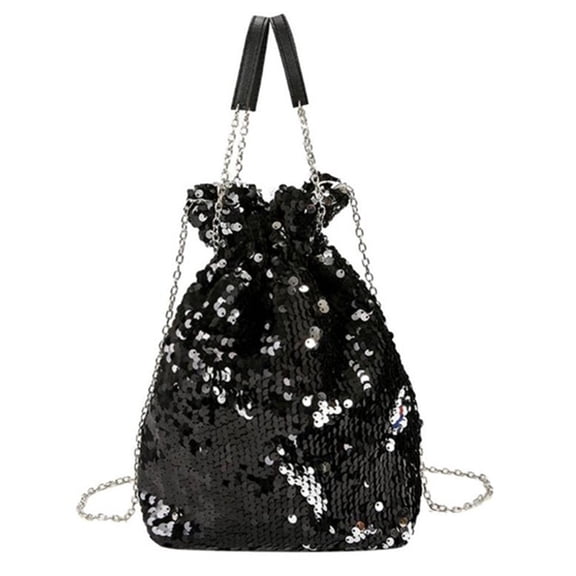 Yvsxxv Sequin Drawstring Bucket Bag, Glitter Chain Shoulder Crossbody Handbag, 7.48*10.24*3.94inch