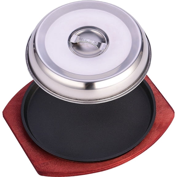 Yvsxxv Sizzling Plate With Wooden Base, Sizzling Steak Plate Cast Iron Griddle Fajita Skillet Server Plate Pre-seasoned Griddle Frying Pan Cookware for Stovetop Open Fire Oven