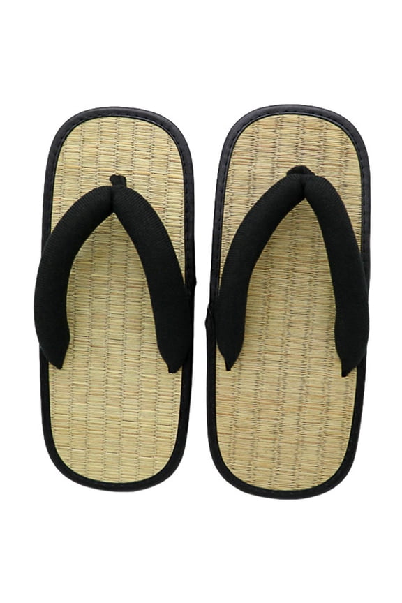 Straw Woven Flip Flops, Black Y-Shaped Thick Sole Sandals, Size 40-41