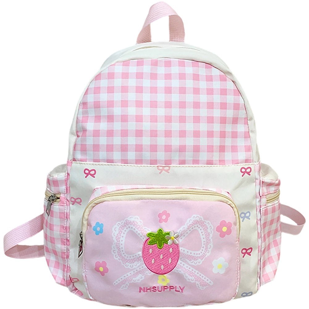 Yvsxxv Strawberry Plaid Backpack, Cute Korean Style Bow Daypack