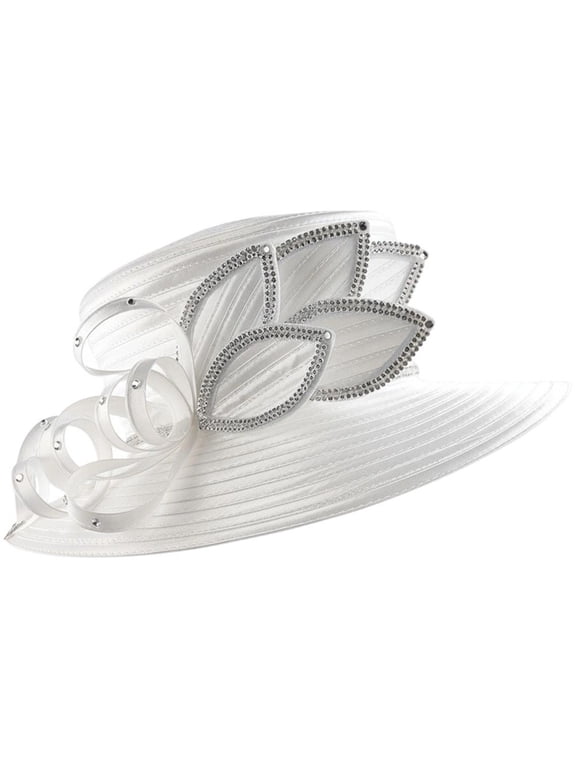 White Elegant Satin Wide Brim Church Hat, Wedding Tea Party Hat, 1 Pc