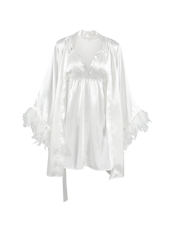 White Feather Detail Women's Wedding Bride Kimono Bathrobe Set S Size
