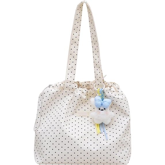 Yvsxxv White Polka Dot Drawstring Handbag Korean Style Shoulder Tote Bag 1Pc