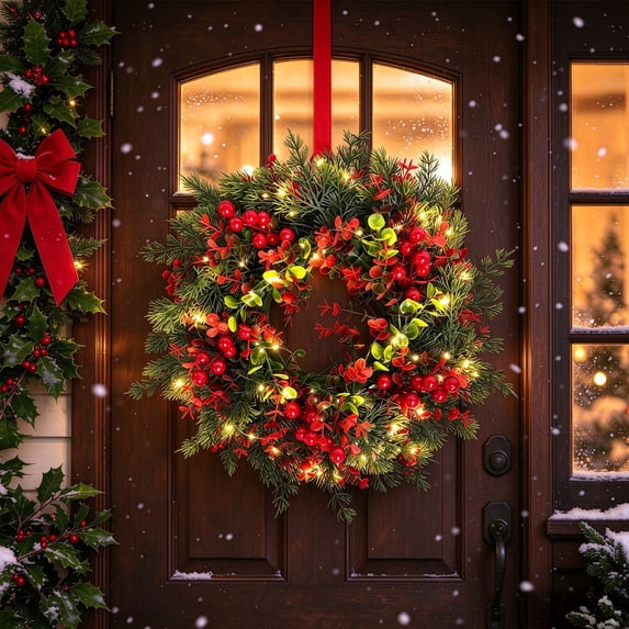 Ywbawe 15.5in Pre-Lit Christmas Wreath with LED Lights Red Berries and ...