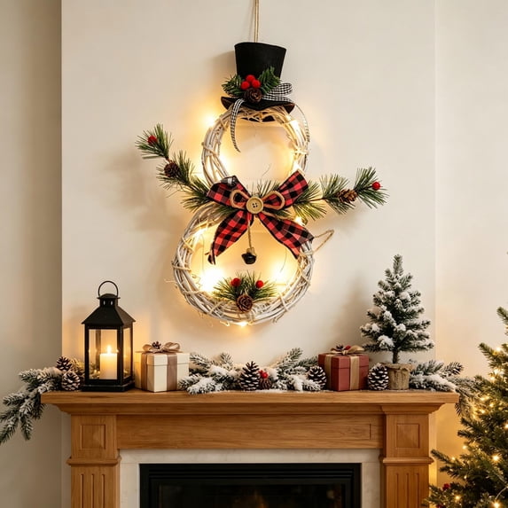 Ywbawe 16in Snowman Shaped Rattan Christmas Wreath With LED Light Front Door Hanging Ornament Xmas Party Decoration