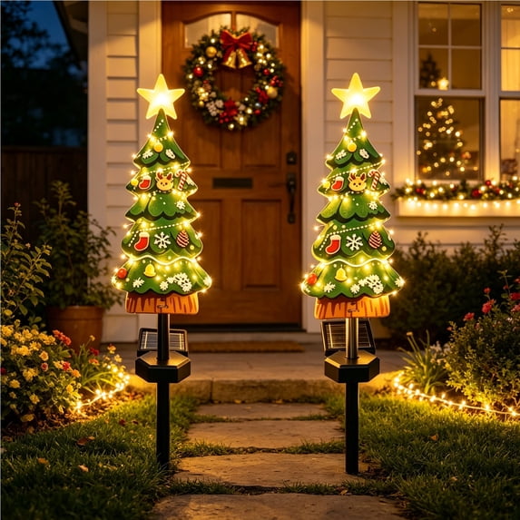 Ywbawe 20in Solar Christmas Tree Shape Ground Stake Light Outdoor Light-Up Yard Panel Decor with LED, Waterproof Garden Stake for Holiday Pathway