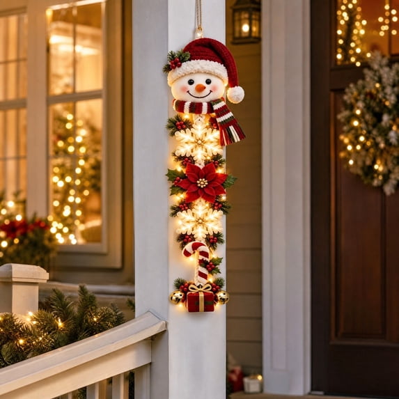 Ywbawe 35" Lighted Christmas Snowman Door Hanger Snowflake Poinsettia Ornament with Bells for Front Door Wall Decor, 1 Pack