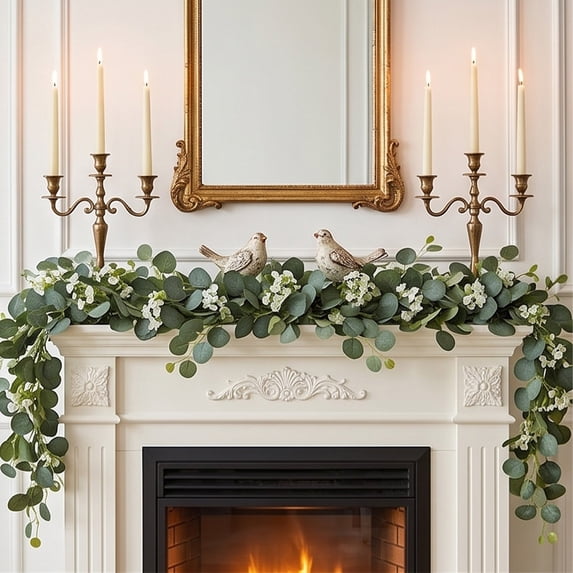 Ywbawe 5.91ft Artificial Eucalyptus Garland Faux Greenery Vines with Flower Accented Hanging Vine for Indoor Home Party Decor, 1 Pack