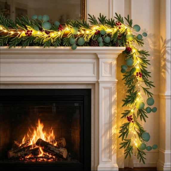 Ywbawe 6.9ft Pre Lit Norfolk Pine Christmas Garland with Red Berries and Pinecones Lighted Faux Greenery Garland for Mantel Fireplace Window Decor, 1 Pack