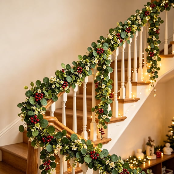 Ywbawe 6ft Christmas Rattan Pin Needle Artificial Eucalyptus Vine with Red Berries Garland for Party Home Decoration, 1 Pack