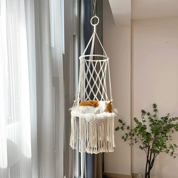 Ywbawe Cotton Rope Macrame Pet Hammock Swing Removable Hanging Bed Basket Window Perch Shelf for Cats Dogs Indoor Outdoor 1-Pack