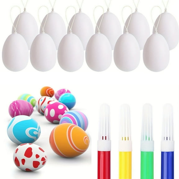 Ywbawe Easter DIY Craft Painting Kit with 12 Plastic Egg Blanks and 4 Watercolor Pens for Holiday Decorating, 12-Piece Set
