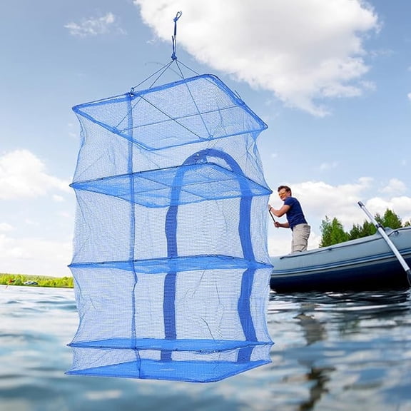 Ywbawe Folding Sun Drying Rack Mesh Storage Cage with Hanging Rope for Food Vegetables Fish, 4-Tier PE Mesh Cloth Frame, 1-Pack