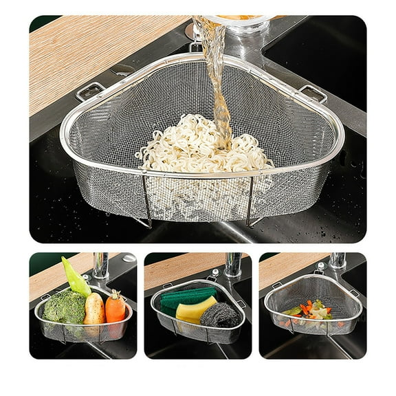 Ywbawe Large Stainless Steel Corner Sink Strainer Basket with Hooks for Wet Dry Waste Separation Kitchen Sink Organizer 1-Pack