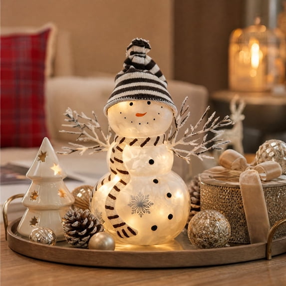 Ywbawe Lighted Glass Snowman Figurine Warm LED Glowing Statue with Knit Hat Scarf Battery Operated Christmas Tabletop Home Decoration, 4.13x8.26 Inch