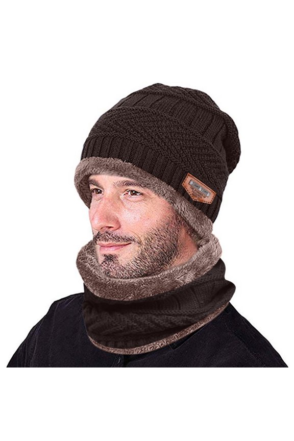 Men’s Winter Beanie Hat and Scarf Set Thick Knit Warm Cap with Windproof Design, Two PCS Set for Cold Weather