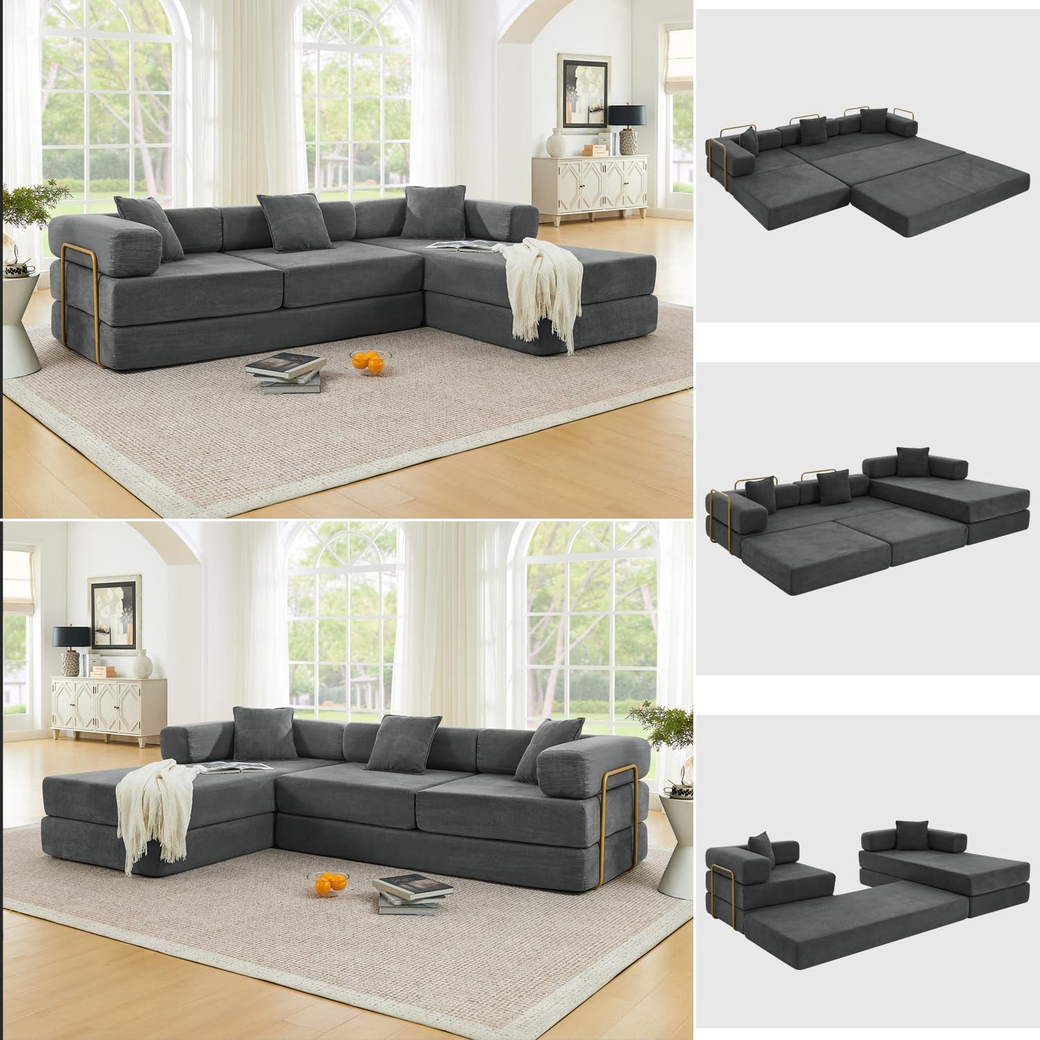 Ywen 108" Modular Sectional Sofa, Futon Convertible Sofa Bed,Oversized Corduroy Boneless Couch for Living Room,Floor Loveseat Sleeper with Pull Out Bed,Free Combination,No Assembly Required (Grey)