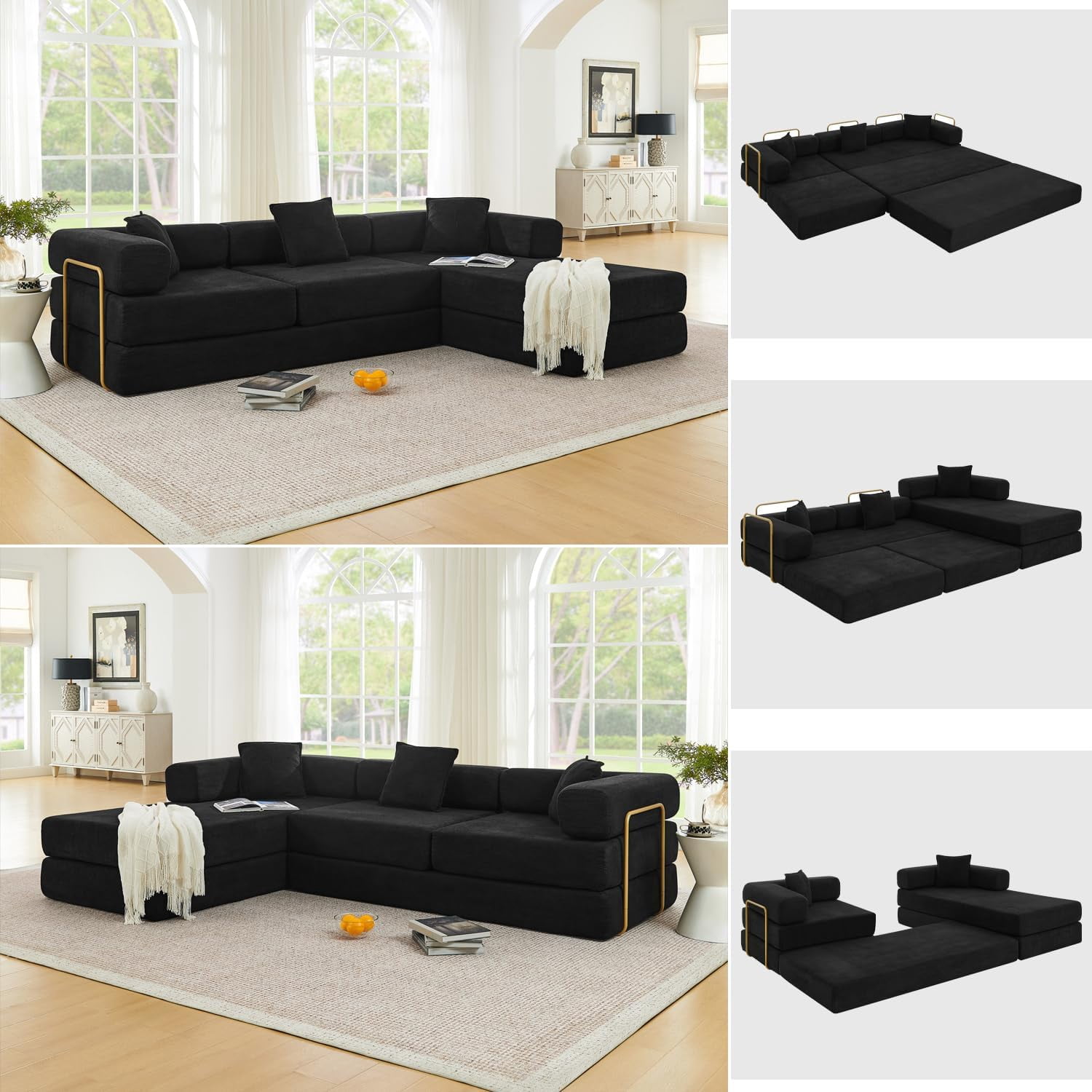 Ywen 108" Modular Sectional Sofa,Futon Convertible Sofa Bed,Oversized Corduroy Boneless Couch for Living Room,Floor Loveseat Sleeper with Pull Out Bed,Free Combination,No Assembly Required (Black)