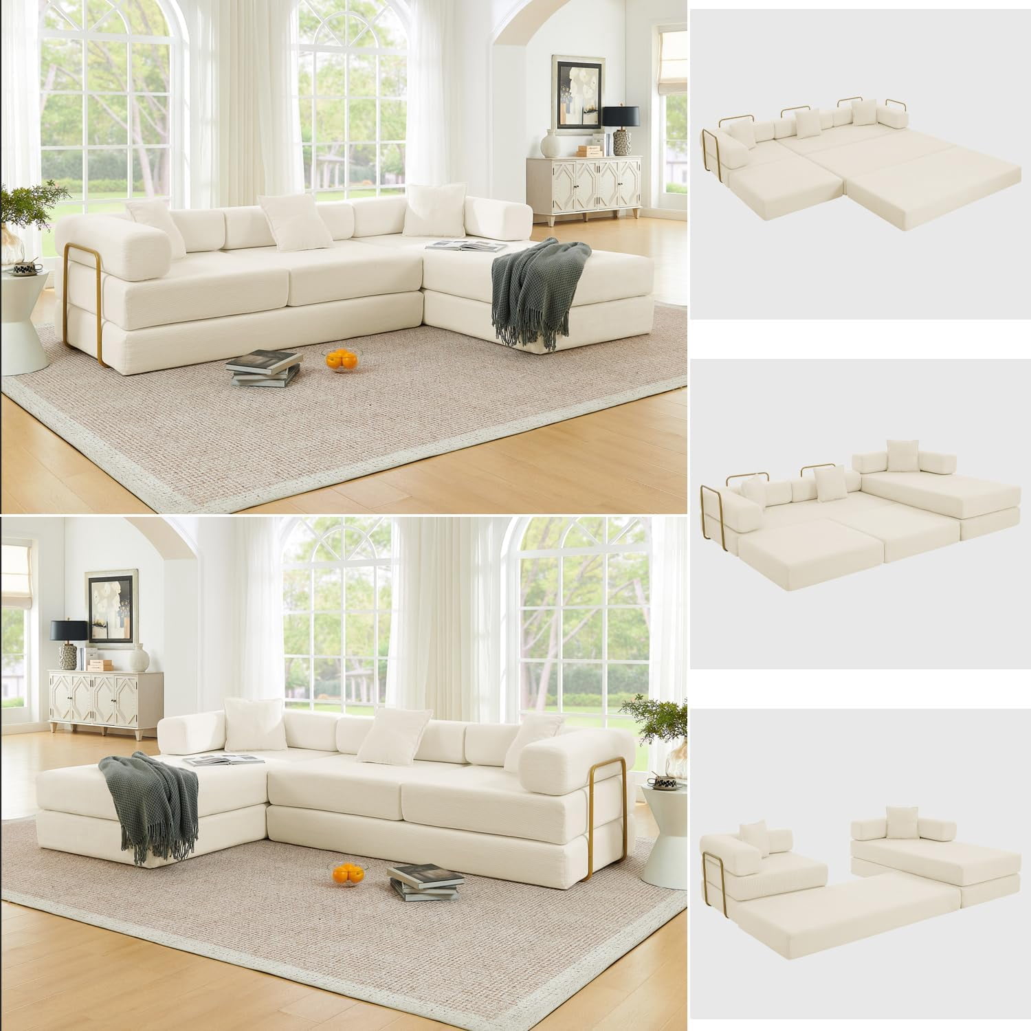 Ywen 108" Modular Sectional Sofa, Futon Convertible Sofa Bed,Oversized Corduroy Boneless Couch for Living Room,Floor Loveseat Sleeper with Pull Out Bed,Free Combination,No Assembly Required (Beige)
