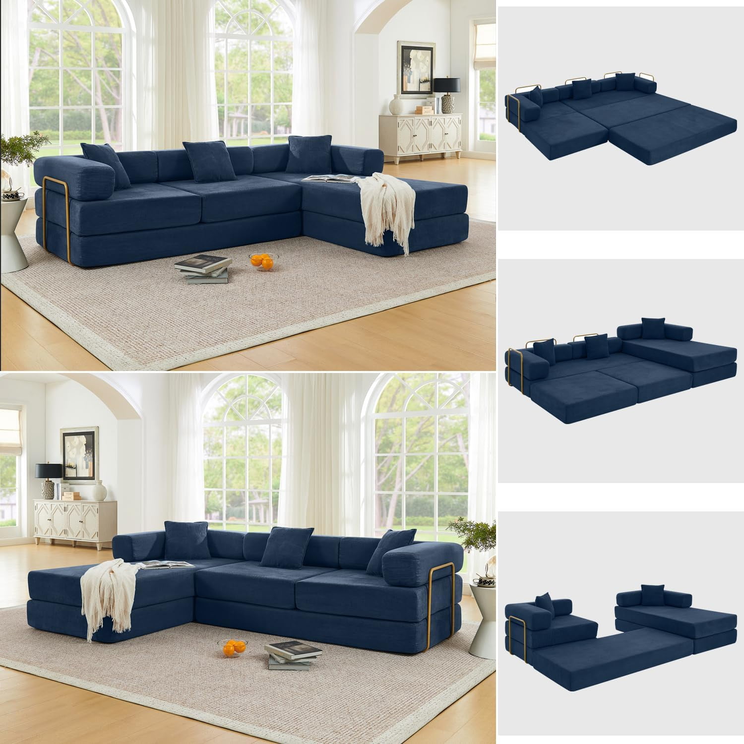 Ywen 108" Modular Sectional Sofa,Futon Convertible Sofa Bed,Oversized Corduroy Boneless Couch for Living Room,Floor Loveseat Sleeper with Pull Out Bed,Free Combination,No Assembly Required (Blue)