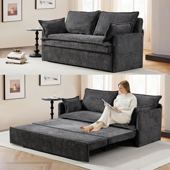 Ywen 60" Queen Pull Out Sofa Bed - Convertible Sleeper Sofa Bed, Corduroy Loveseat Pull Out Couch with USB Charging, Side Pockets for Living Room, Bedroom, Small Spaces(Grey)