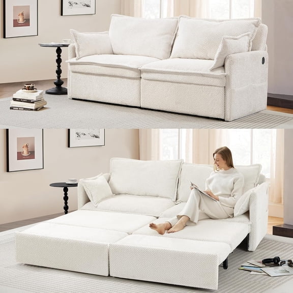 Ywen 74" King Pull Out Sofa Bed -Convertible Sleeper Sofa Bed, Corduroy Pull Out Couch with USB Charging,Side Pockets for Living Room,Bedroom