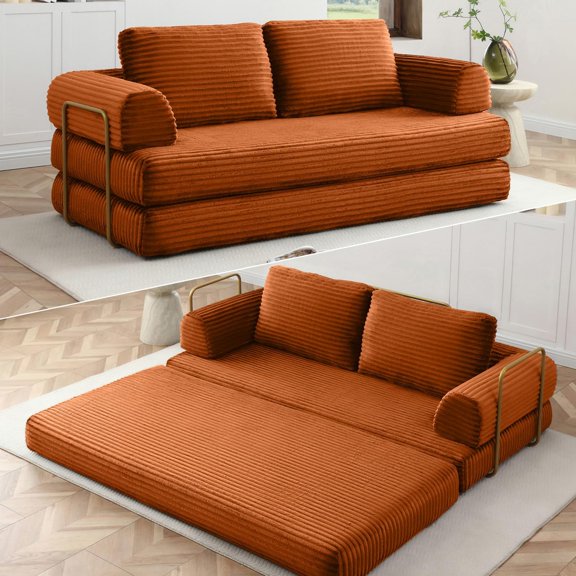Ywen 80 Inch Convertible Sleeper Sofa Bed, High Back Plush Corduroy Folding Floor Mattress Couch with Fixed-Shape Frame, Boneless Futon Loveseat with Pull Out Bed, No Assembly Required (Orange)