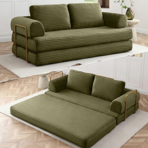 Ywen 80 Inch Convertible Sleeper Sofa Bed, High Back Plush Corduroy Folding Floor Mattress Couch with Fixed-Shape Frame, Boneless Futon Loveseat with Pull Out Bed, No Assembly Required (Green)