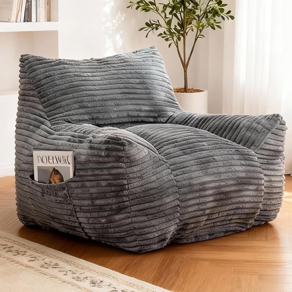 Ywen Bean Bag Chair for Adults & Kids, Giant Bean Bag Sofa with Side Pocket, Corduroy Beanbag Chair with Armrests, Comfy Stuffed Floor Sofa for Living Room Bedroom Dorm, Gray