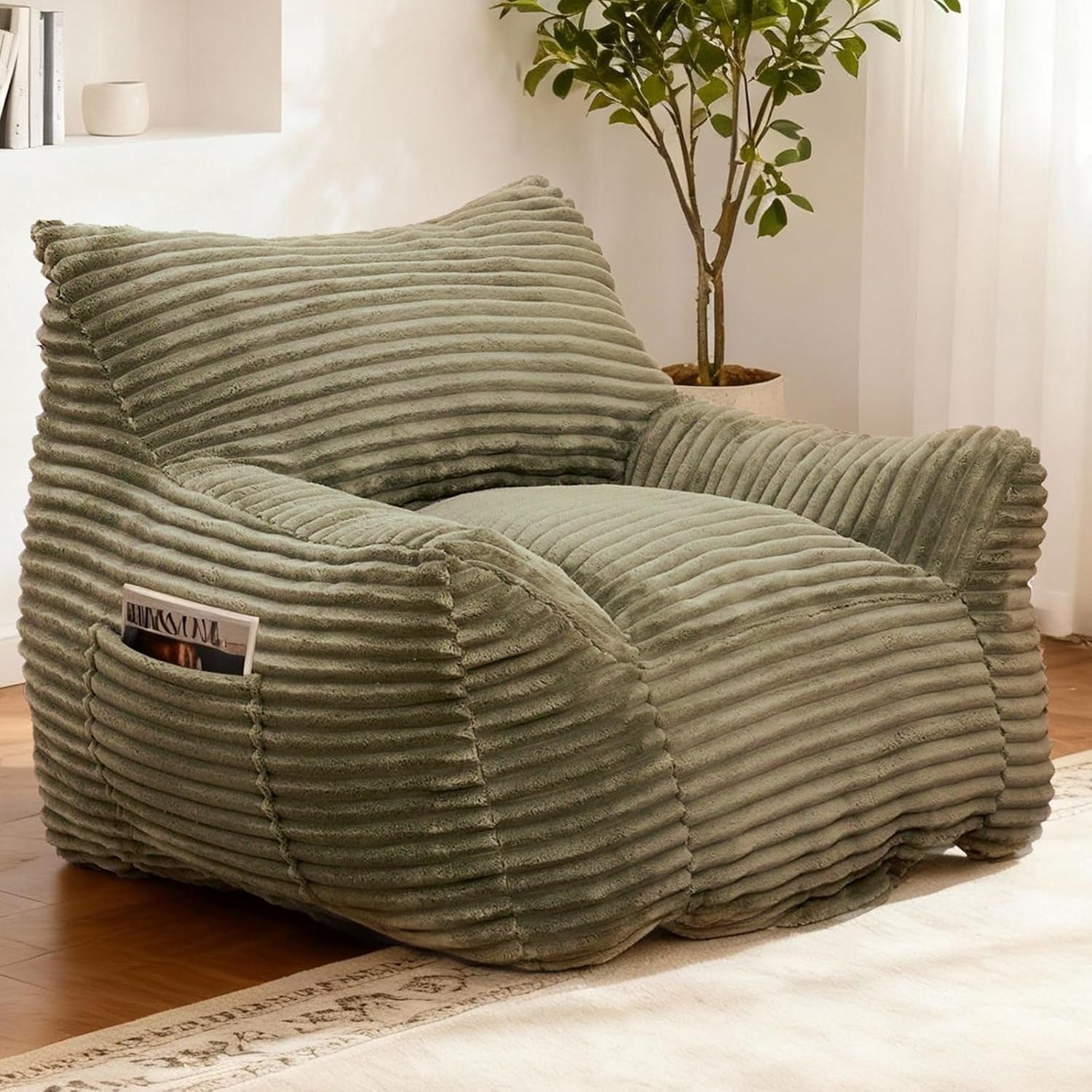 Ywen Bean Bag Chair for Adults & Kids, Giant Bean Bag Sofa with Side Pocket, Corduroy Beanbag Chair with Armrests, Comfy Stuffed Floor Sofa for Living Room Bedroom Dorm, Green